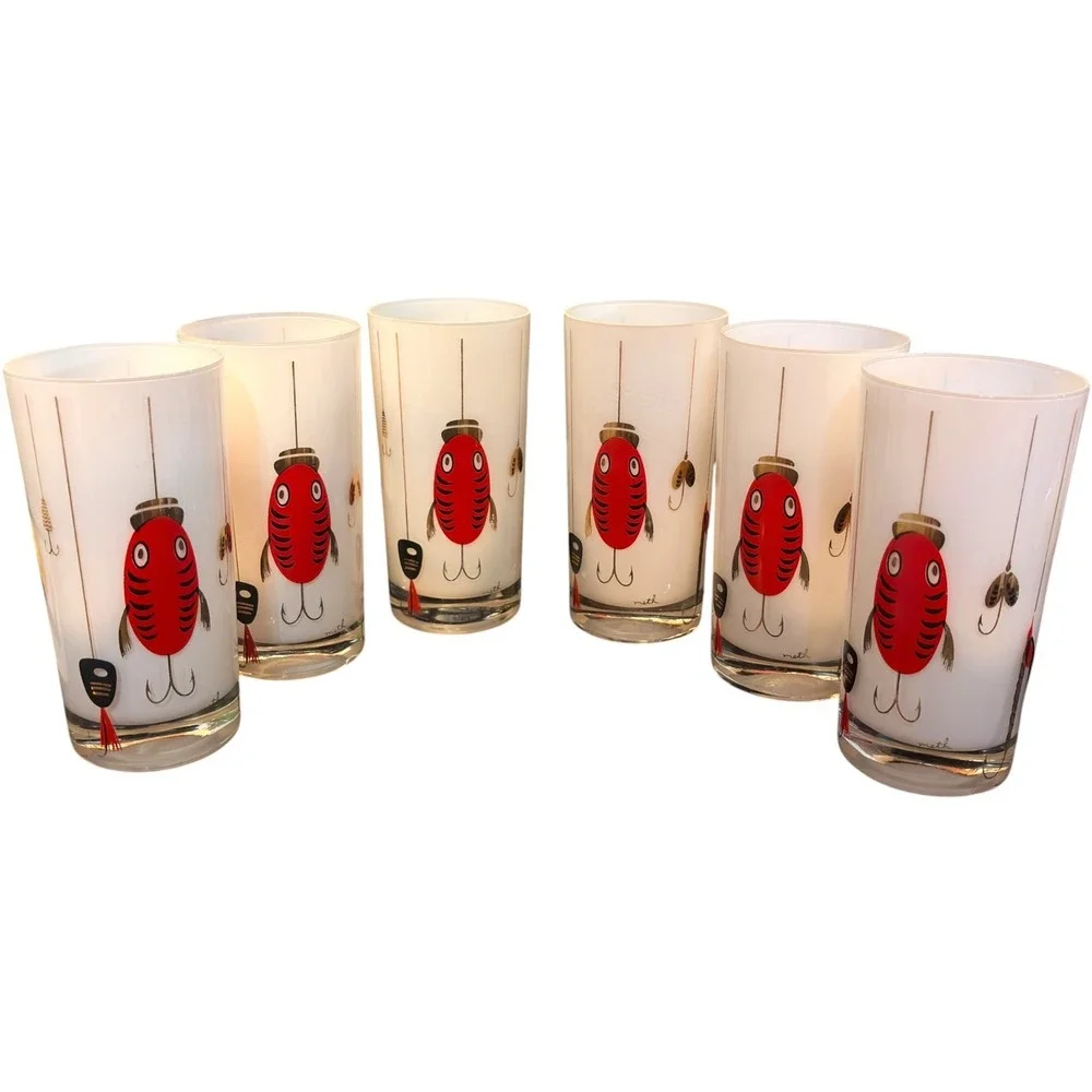 MCM Harry Meth Highball Fish Lure Frosted Glasses Set of 6 Gold Retro Barware